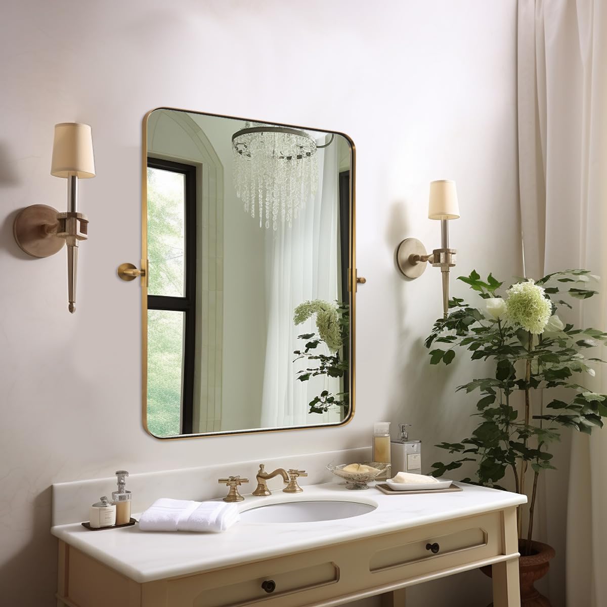 MOON MIRROR Brushed Gold Pivot Mirror,Brass Tilt Rectangle Pivot for Bathroom, Overall 28.33 x 32 in (Mirror 24x 32 in)