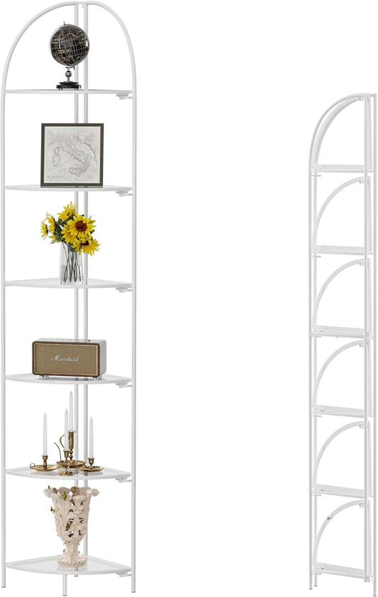 Crofy Foldable 6 Tier Corner Shelf, Metal Corner Plant Stand with White Frame and Transparent Shelves, Corner Display Rack Multipurpose Shelving Unit for Living Room, Bedroom, Bathroom