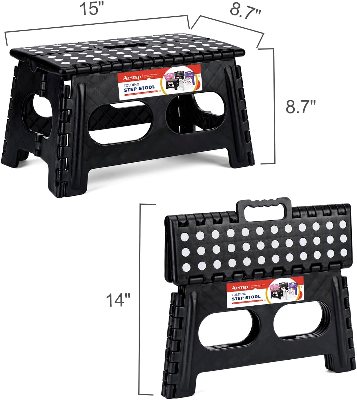 ACSTEP Folding Step Stool,15-Inch Extra Wide 9Inch Height Heavy Duty Stepping Stool More Safe and Comfortable Non Slip Foldable Step Stool for Kids and Adults Black