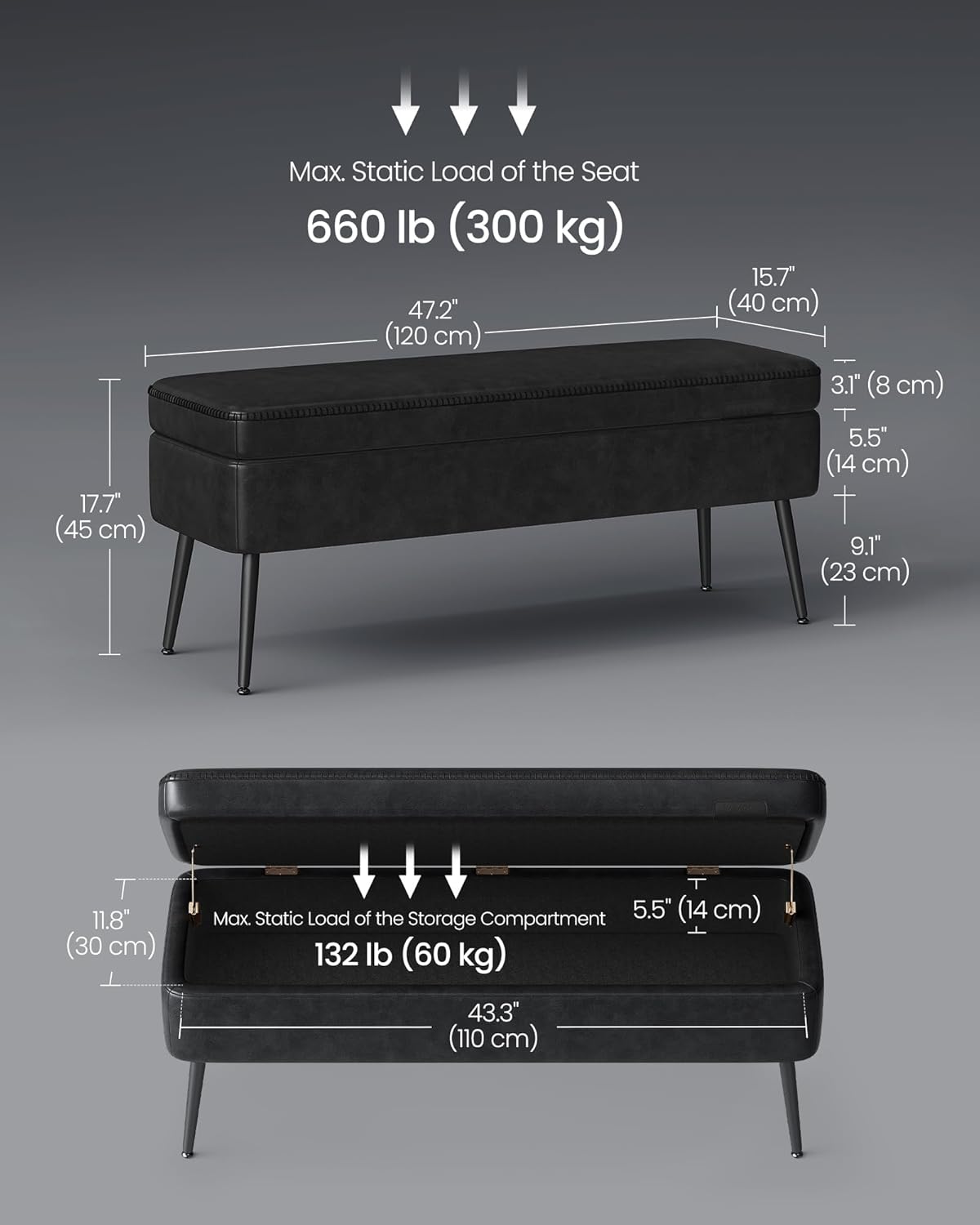 VASAGLE EKHO Collection - Storage Ottoman Bench, Entryway Bedroom Bench, 15 Gallons, Synthetic Leather with Stitching, Mid-Century Modern, Safety Hinges, Loads 660 lb, Ink Black ULOM074B01