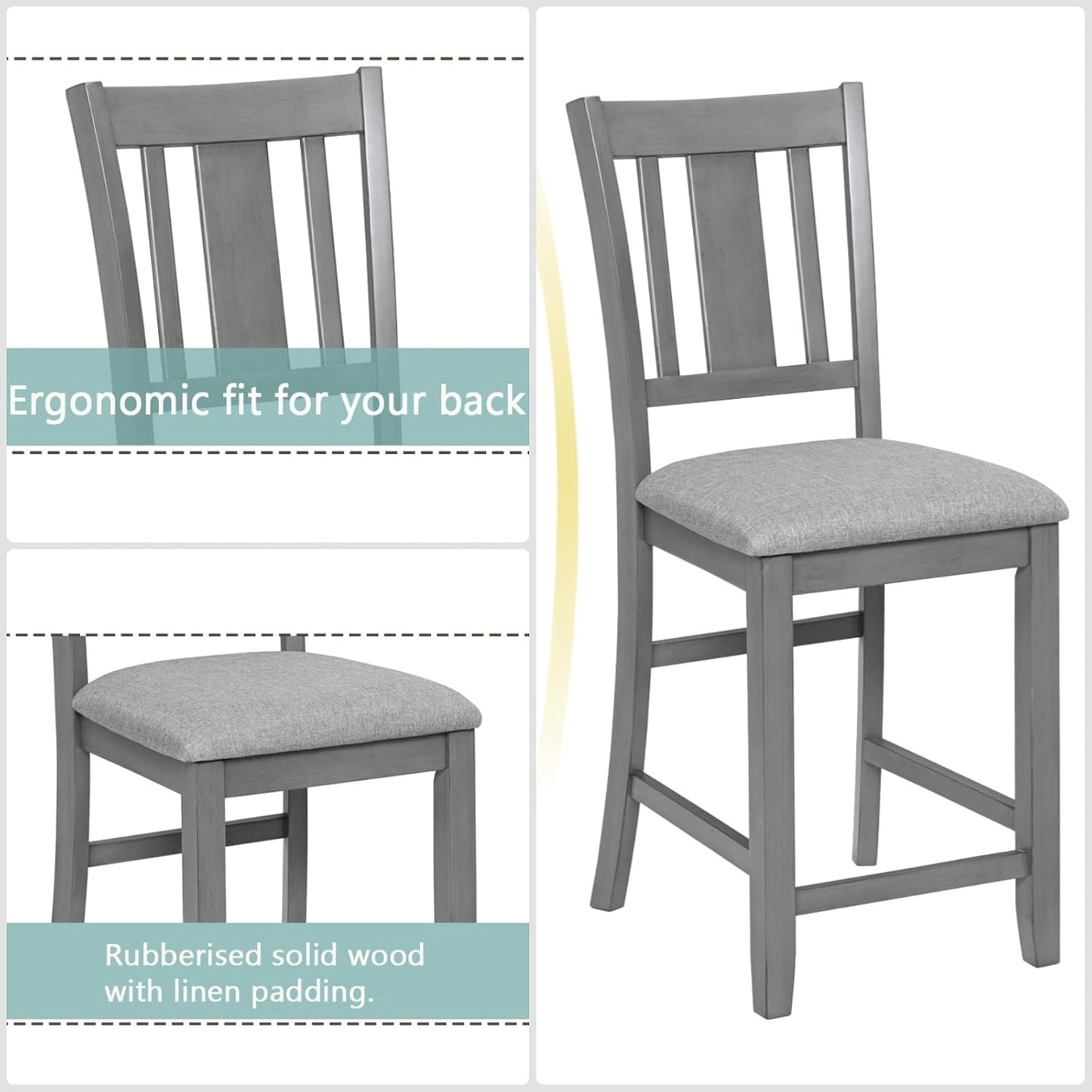 Dining Table Set for 4, Modern 5 Piece Dining Room Table Set with Square Table & 4 Slatted Backrest Upholstered Chairs, Counter Height Kitchen Chairs Set for Small Space, Gray