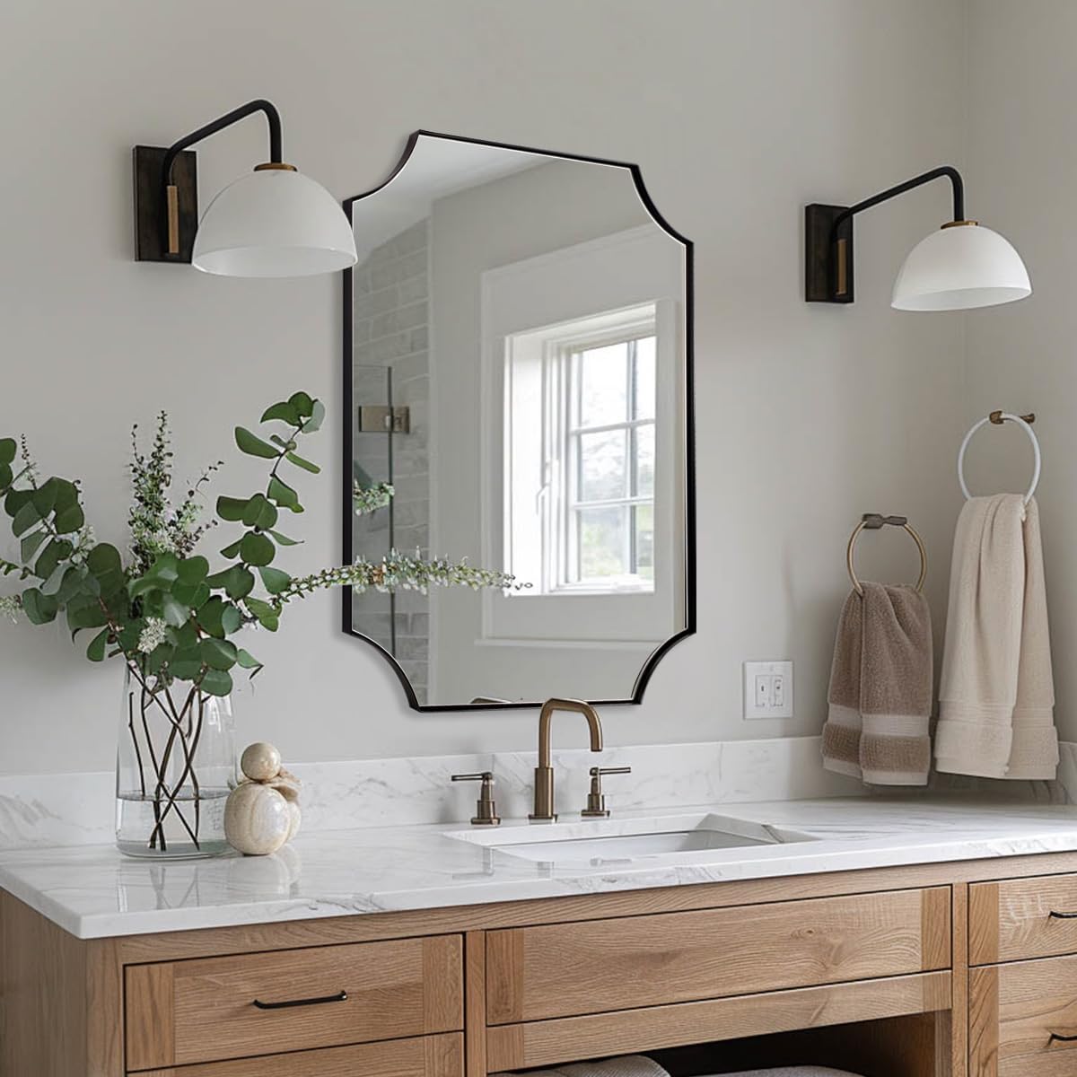 ANDY STAR 24x36 Inch Black Mirror, Matte Black Scalloped Wall Mirror, Modern Black Framed Mirror with Sophisticated Scalloped Design, Glass Panel Wall-Mounted Mirror Hangs Vertical or Horizontal