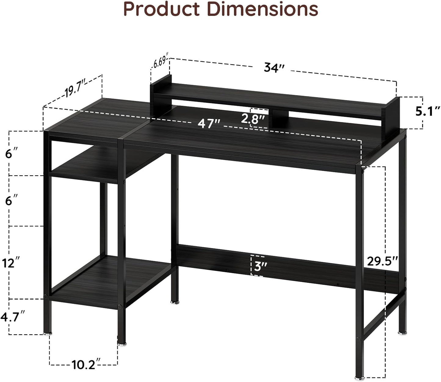 Computer Gaming Desk with Monitor Stand, Home Office Desk Suitable for 2 Monitors, Writing Desk with Adjustable Storage Space,Sturdy and Durable Modern Small Desk (Black, 47 inchs)