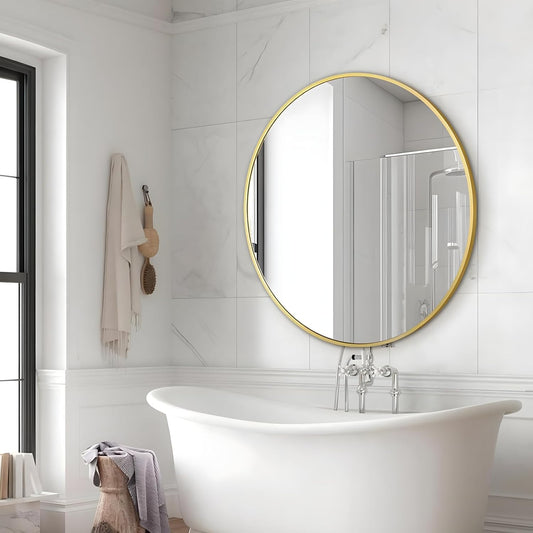 Round Mirrors for Wall Decor 28 Inch Gold Mirror Round Bathroom Mirror Matte Gold Wall Mirror Brushed Metal Frame Anti-Rust Tempered Glass for Bathroom Bedroom Living