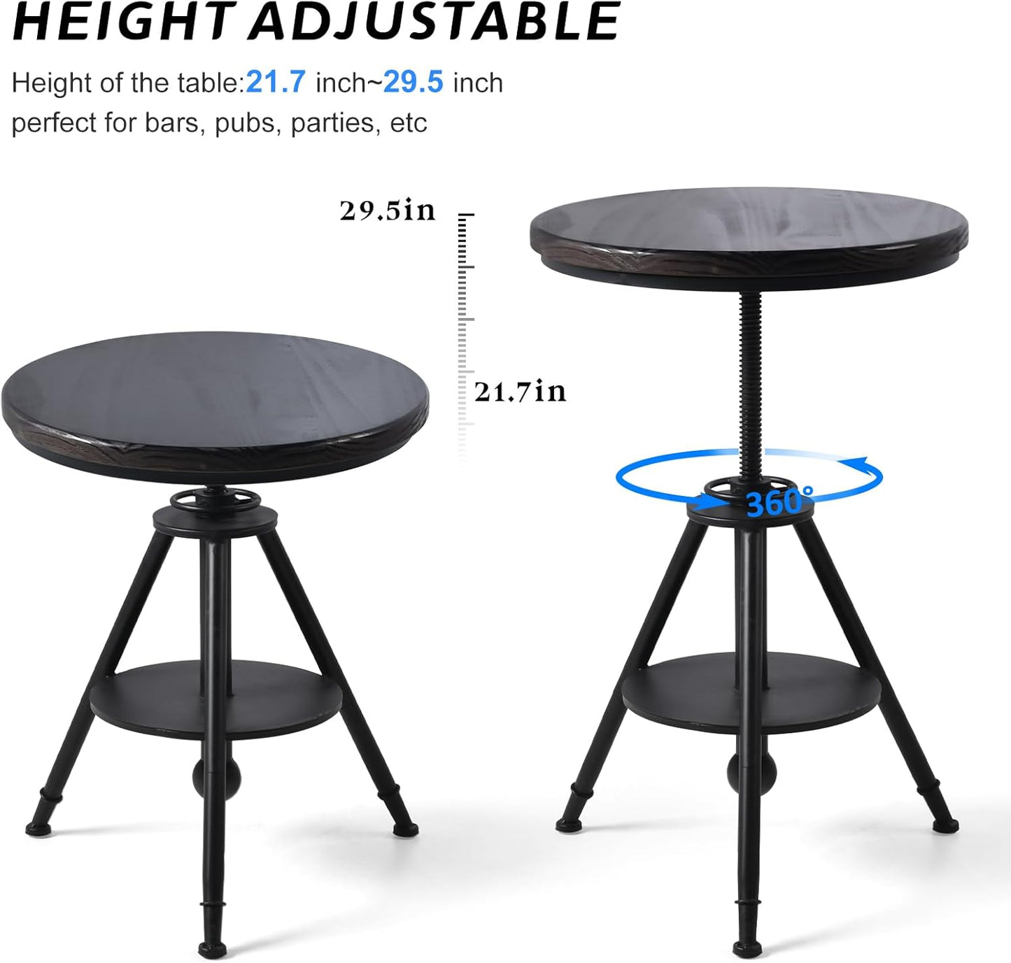 Industrial Vintage Cafe Farmhouse Dining Table - Rustic Round Wooden Top, Height Adjustable 21-29in