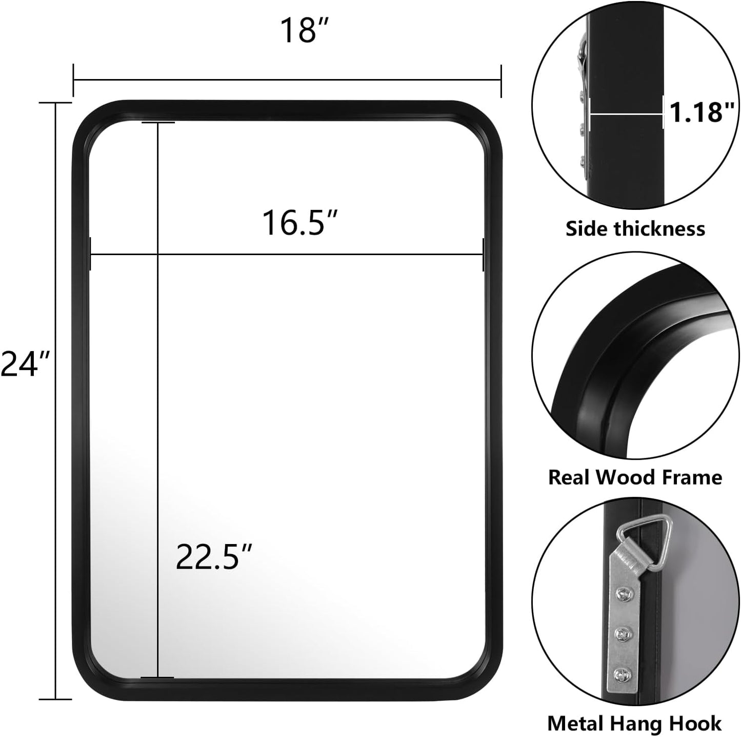 WallBeyond 18x24 Inch Wood Mirror for Bathroom, Wooden Frame Wall Mirror Farmhouse Wall Mounted Rectangle Mirror for Vanity (Horizontal/Vertical Black Color)