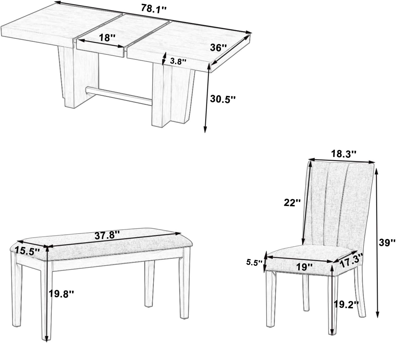 Ball & Cast 6 Piece Farmhouse Dining Table Set with Extendable Table,4 Upholstered Chairs & 1 Bench,Wooden Kitchen Table Set of 6,Backrest Chair with Table & Upholstery-Bench,for Dining Room,Gray