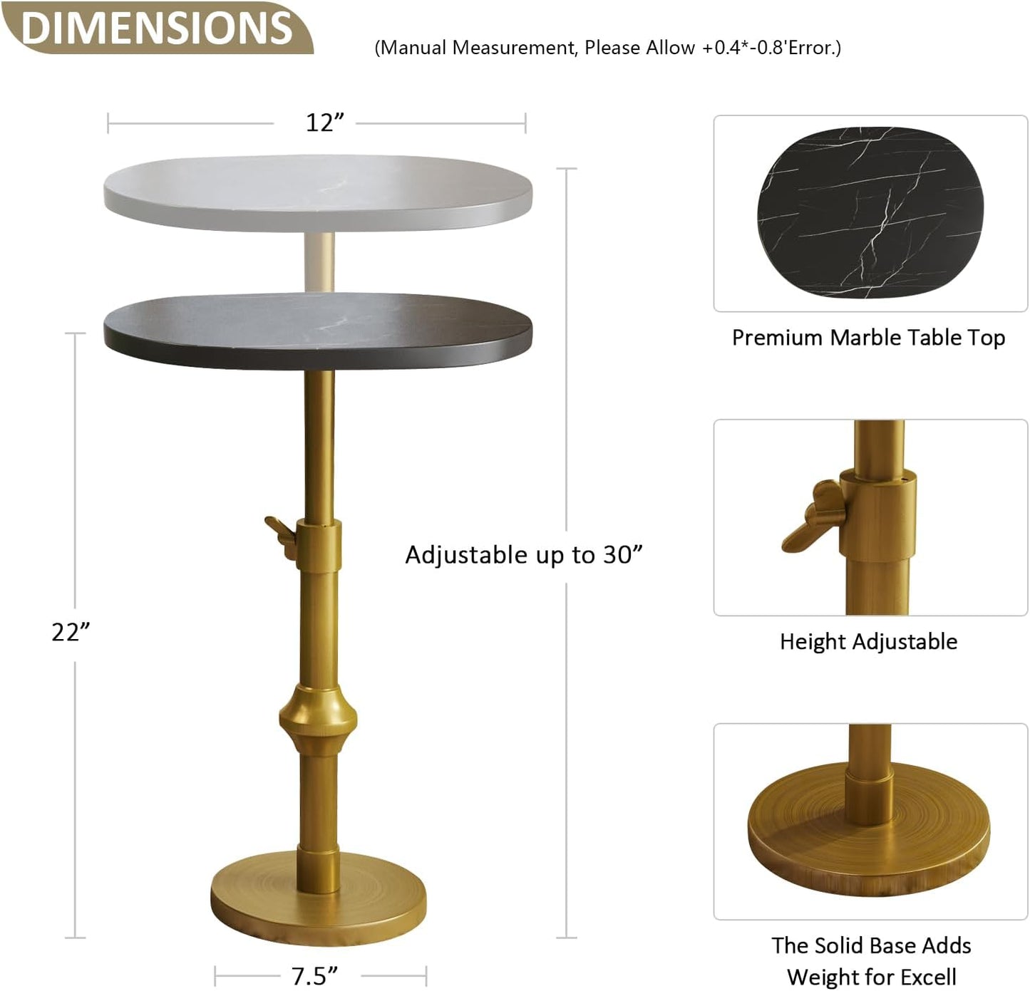 Marble Drink Table, 10"x12"x(22“~30") Martini Table with Metal Antique Brass Adjustable Stand Base, Drink Tables for Small Spaces, Living Room, Bedroom, Or Office (Black)