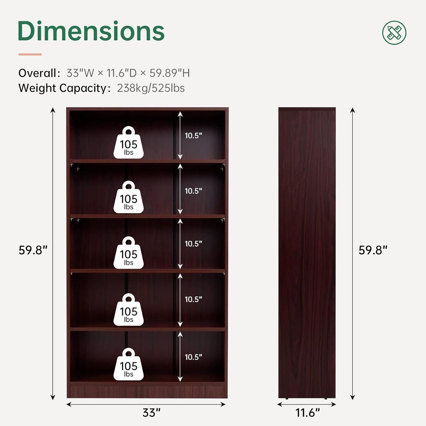 NicBex 59.8“ Heavy Dute Wood Bookcase with Adjustable Shelves, Modern Manga Bookshelf for Living Room, Office, Small Spaces, Manga and Book Shelves Storage, Tip-Over Resistant, 33" Wide Cherry