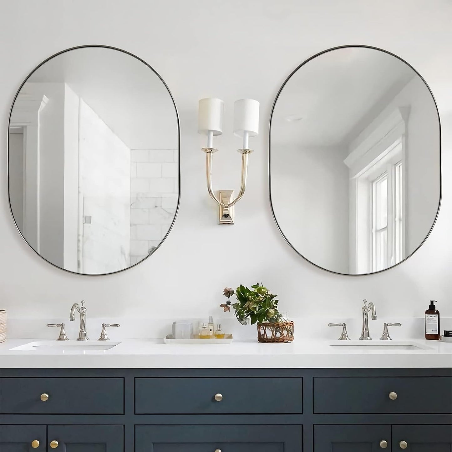 ANDY STAR Brushed Nickel Mirror Bathroom, 30x40 Inch Oval Mirrors for Bathroom, Nickel Pill Shaped Mirror in Premium Stainless Steel Metal Frame Wall-Mounted Mirror 1”Deep Hangs Horizontal/Vertical