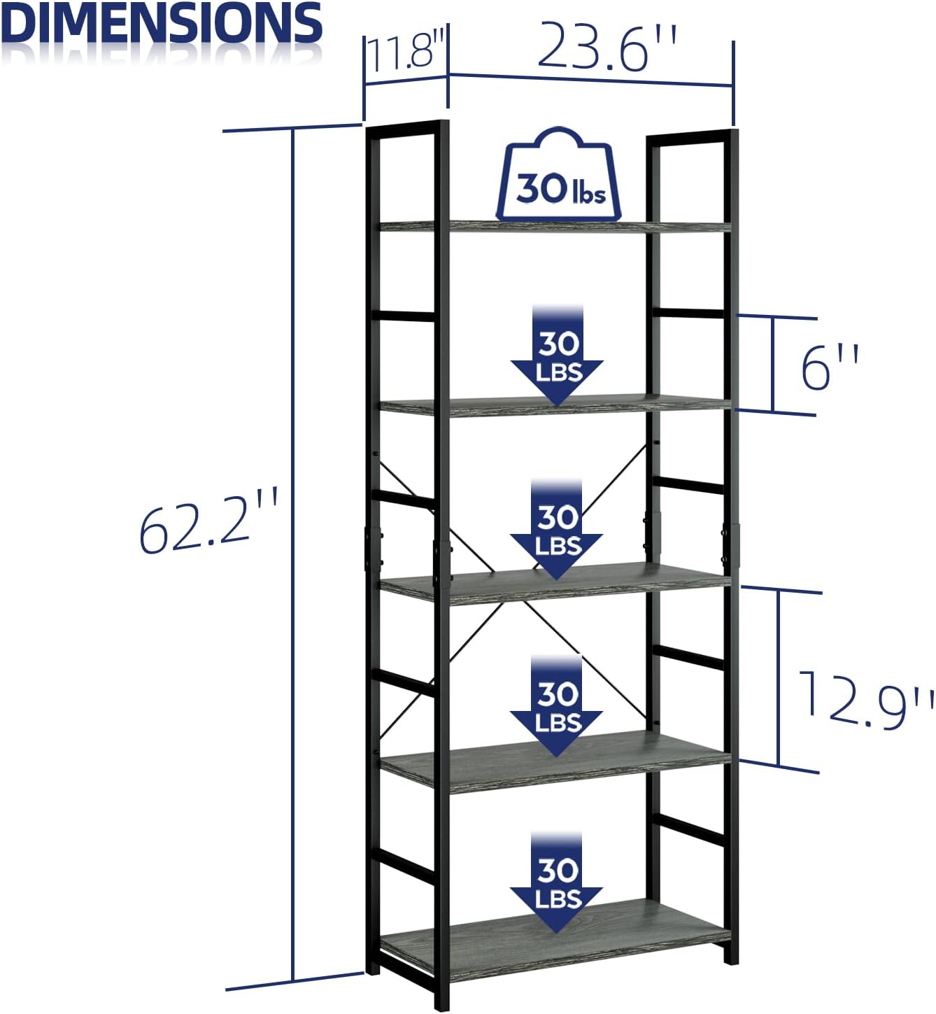 NUMENN 5 Tier Bookshelf, Tall Bookcase Shelf Storage Organizer, Modern Book Shelf for Bedroom, Living Room and Home Office, Dark Grey