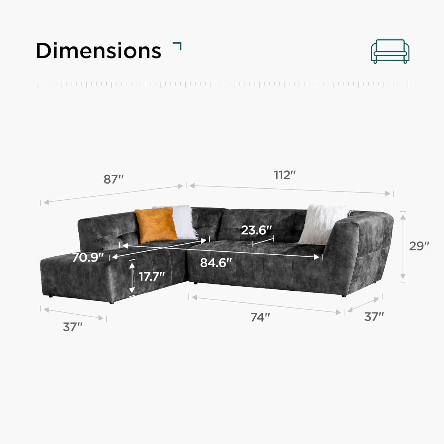 Acanva Luxury Mid-Century Velvet Tufted Low Back Sofa Set L-Shape 2-Piece Living Room Couch, 113"W Left Hand Facing Sectional, Grey