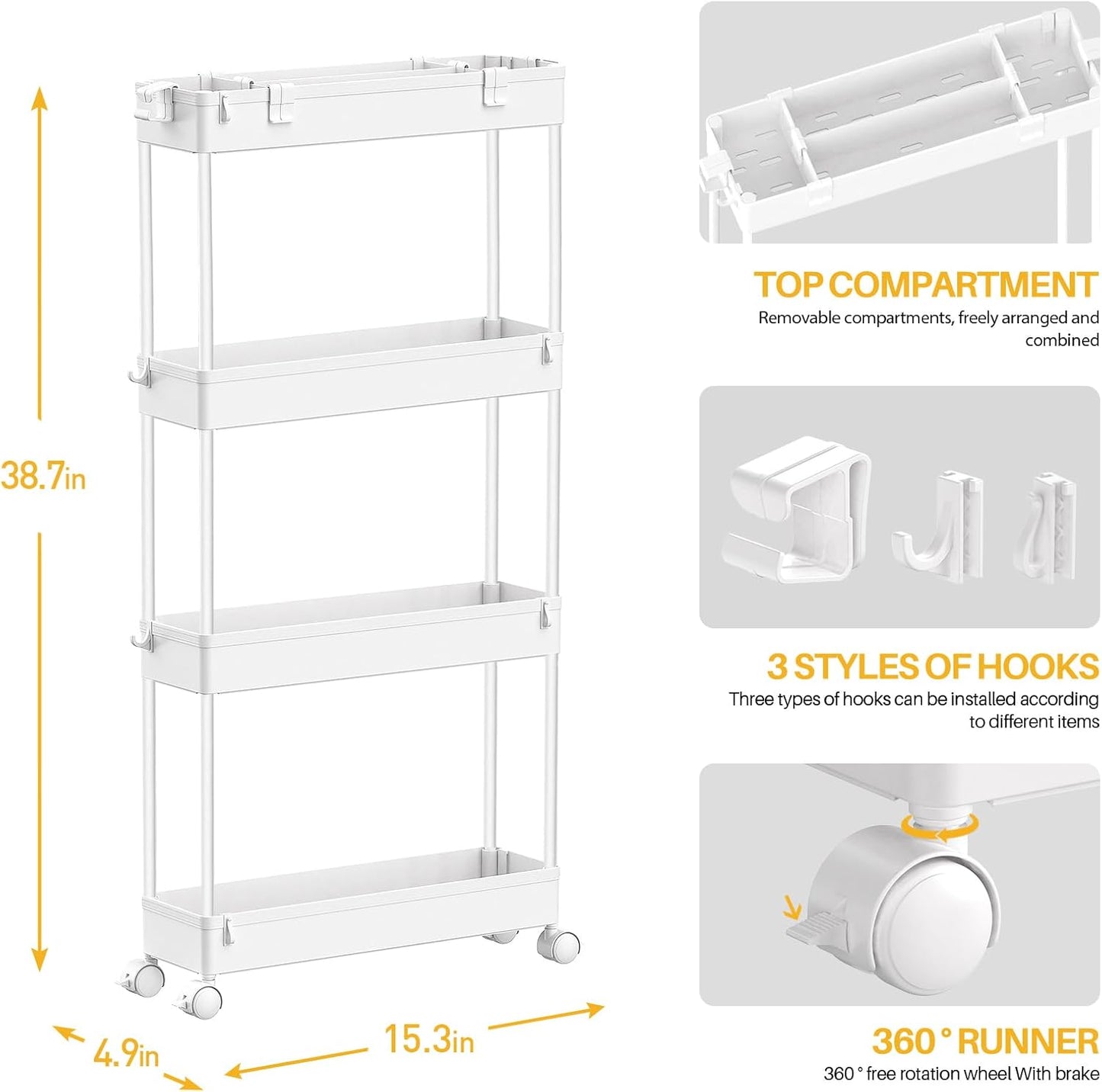 SPACELEAD Slim Storage Cart 4 Tier,Bathroom Organizer Rolling Utility, Mobile Shelving Unit Slide Out for Office, Kitchen, Laundry Room & Narrow Places,White