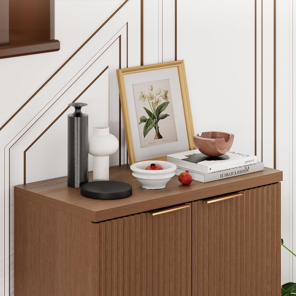 23.6" Sideboard Cabinet with 2 Doors, Modern Buffet Cabinet with Adjustable Shelf, Dining Room Sideboard, Fluted Buffet Sideboard for Living Room, Hallway, Entryway, Walnut