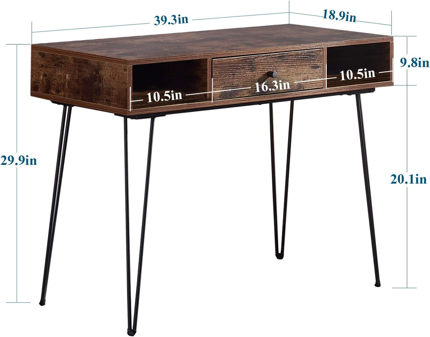 VECELO 39.3" Home Office Work Table with Drawers Computer Desk Writing/Study, 39 Inch Hairpin Legs, Retro Brown