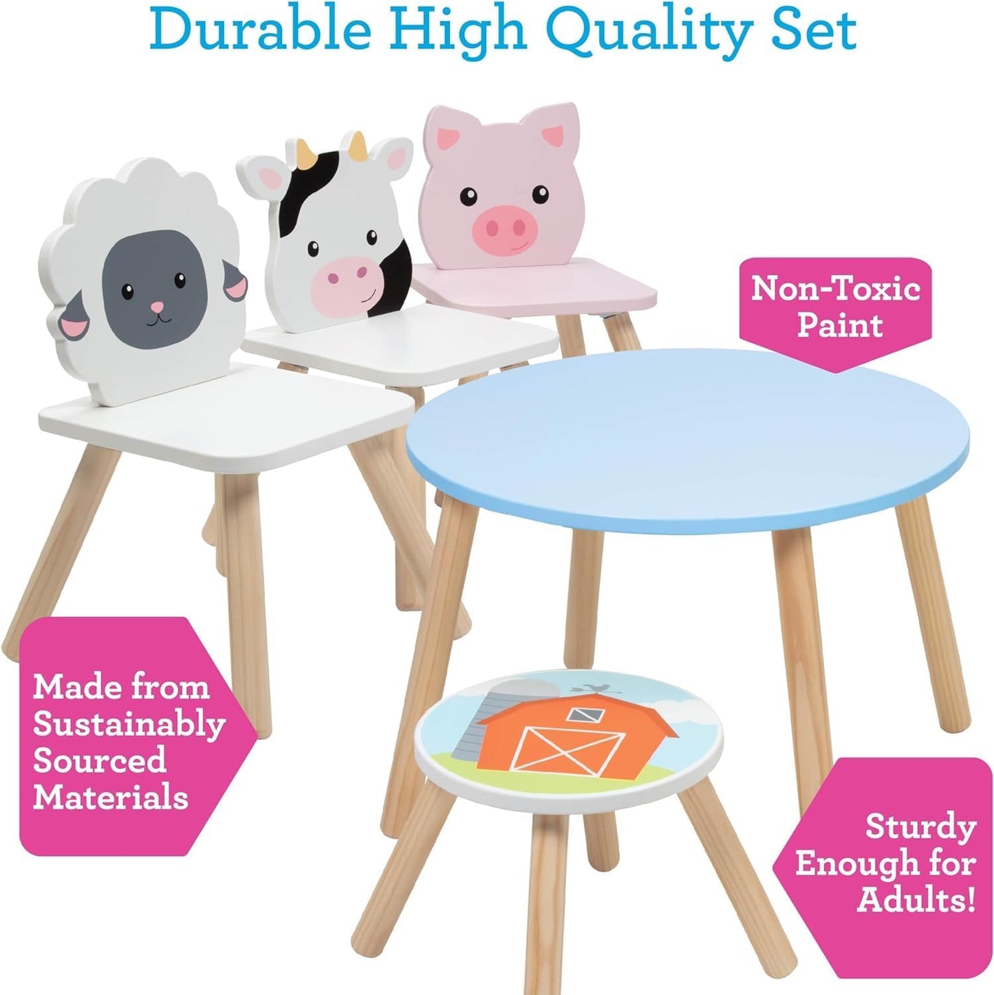Kids Wooden Animal Table & Chair Set w 4 Seats- Cow Pig Sheep Plus Adult Stool for Arts Crafts, Dining, Pretend Play- Durable Playroom Furniture for Home, Daycare Classroom- Toddler Children Gift