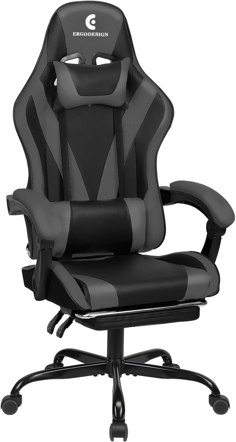 Gaming Chair with Linkage Armrest & Footrest, High Back Video Gaming Chair, Black/Grey