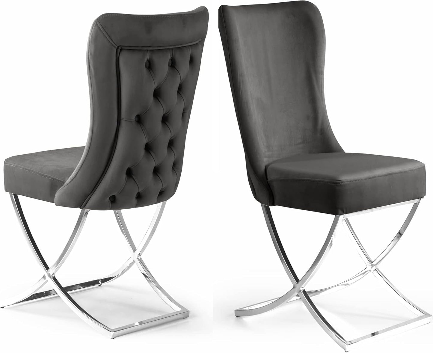 Ottomanson Royal Dining Chairs Set of 2 – Upholstered Tufted Microfiber, Assembled, Silver Metal Legs, Beech Wood Frame, 350 lb Capacity, Gray