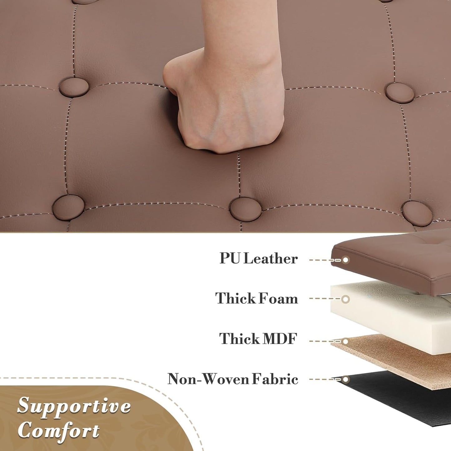 Athena Collection 20 Inch Small Ottoman with Storage, Round PU Leather Storage Ottoman with Removable Lid, Stylish Footstool Foot Rest for Living Room, Bedroom, Dorm, Brown