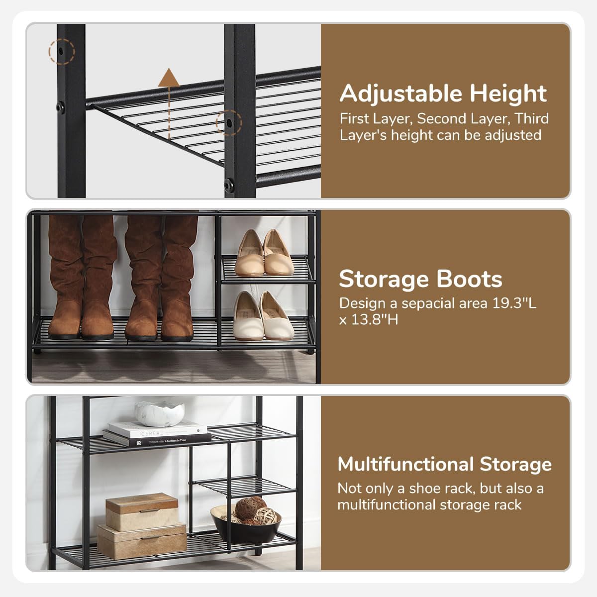 6 Tier Shoe Rack Organizer, Metal Mesh Shoe Storage Shelf, Storage Boots .for Entryway, Closet,Hallway, Bedroom,Cloakroom,Garage, Industrial,Rustic Brown