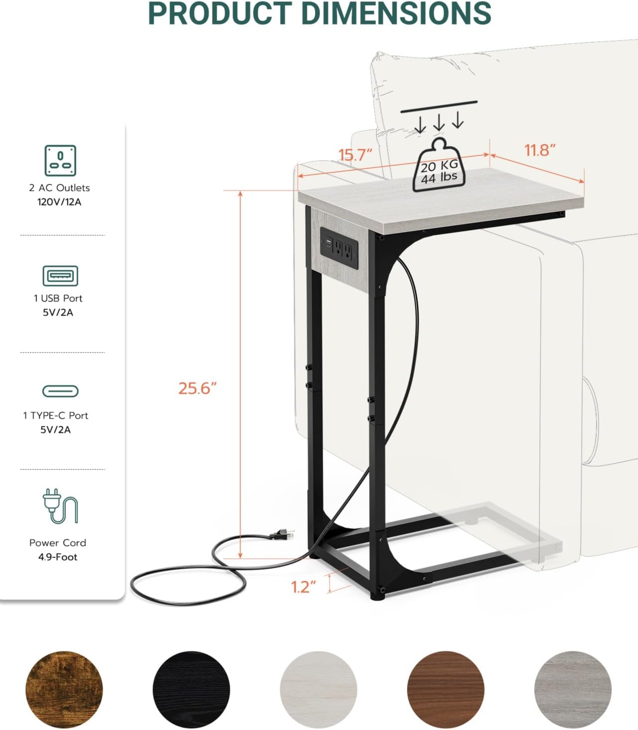 C-Shaped Side Table for Couch - Small Coffee Stand Sofa Tray Desk with Metal Frame Waterproof Scratch Resistant Wood Top and Built-in Charging Station, Greige