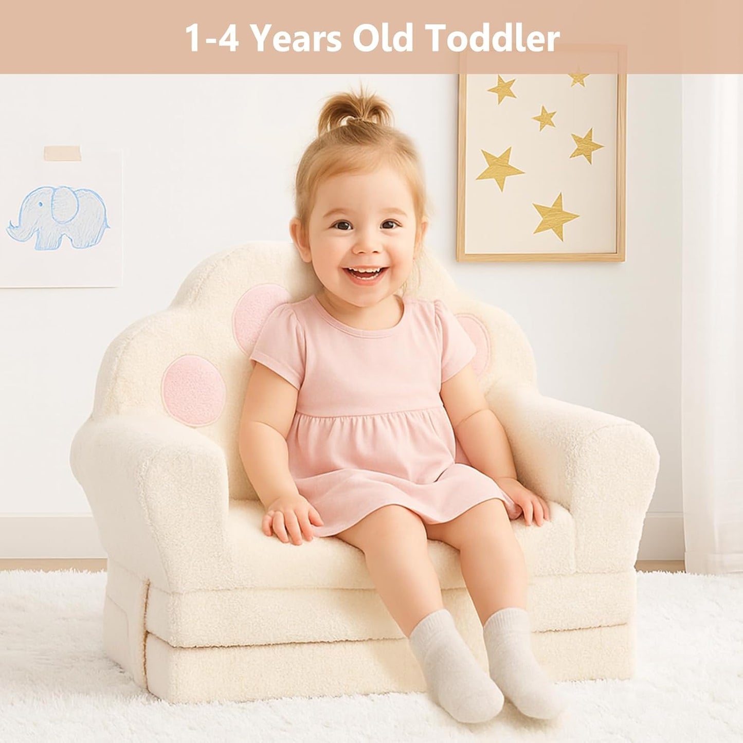 MONKISS Cat Paw Kids Couch, Toddler Chairs Comfy, Toddler Couch Bed Fold Out, Baby Lounge Chair, Birthday Gift for Girls, 1-4 Years Old, SF06, Beige