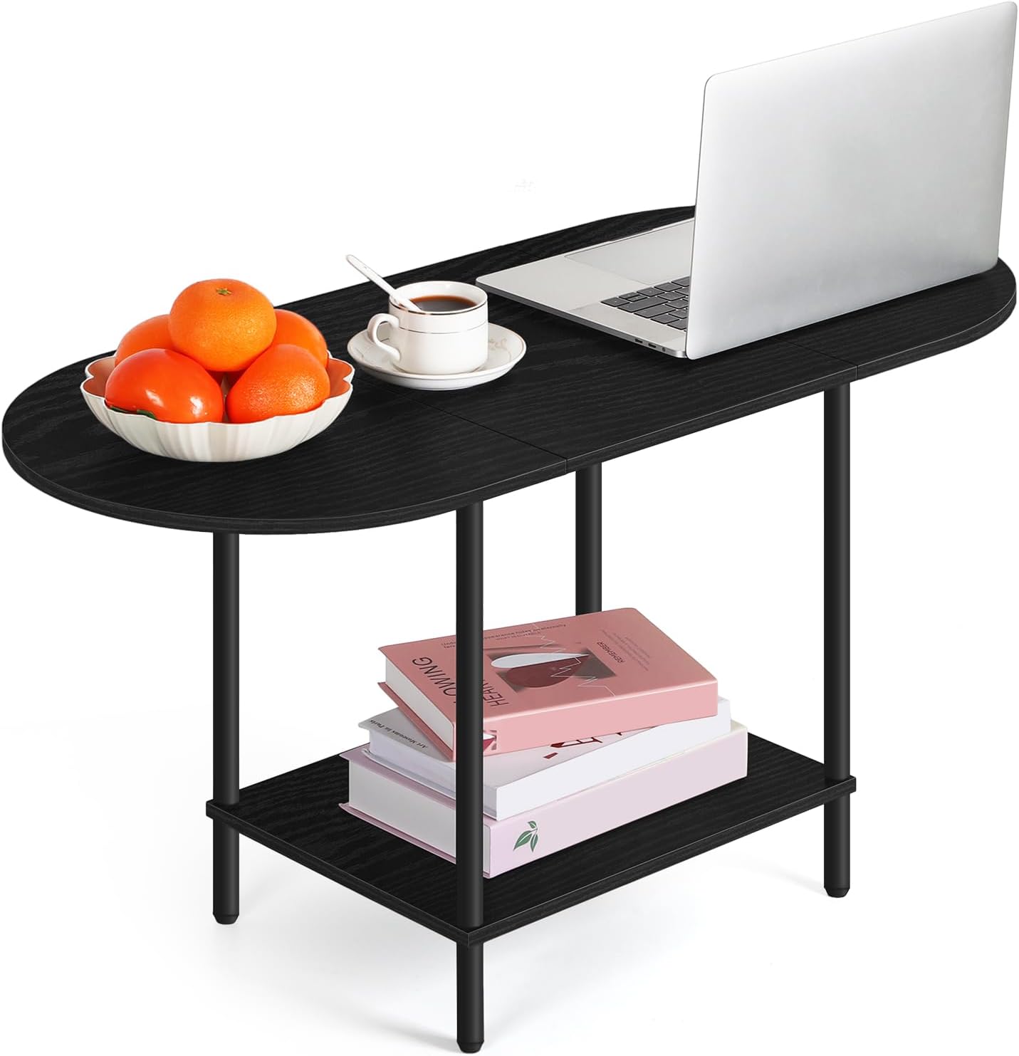 Black Coffee Table for Living Room, 2-Tier Small Oval Center Table, Mid Century Farmhouse Round Tea Table with Storage Shelf for Small Space, Home Office, Living Room