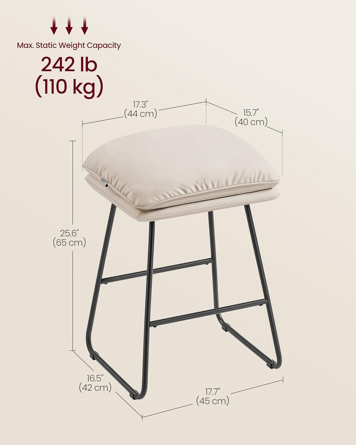 VASAGLE Bar Stools Set of 2, Counter Height Bar Stools, Leather Counter Stools Barstools with Soft Cushion and Metal Sled Legs, 25.6 Inches Bar Height Bar Chairs for Kitchen Island, Cappuccino Beige