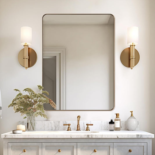 ANDY STAR Gold Bathroom Mirror, 22" x 30" Brushed Brass Metal Wall Mirror, Rounded Rectangle Mirror for Vanity, Framed in Premium Stainless Steel…
