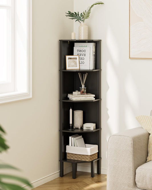 Corner Shelf, 5 Tier Corner Bookshelf，Wall Corner Bookshelf for Small Space,Display Corner Shelf Stand with Storage Rack for Living Room,Bedroom,Office,Black