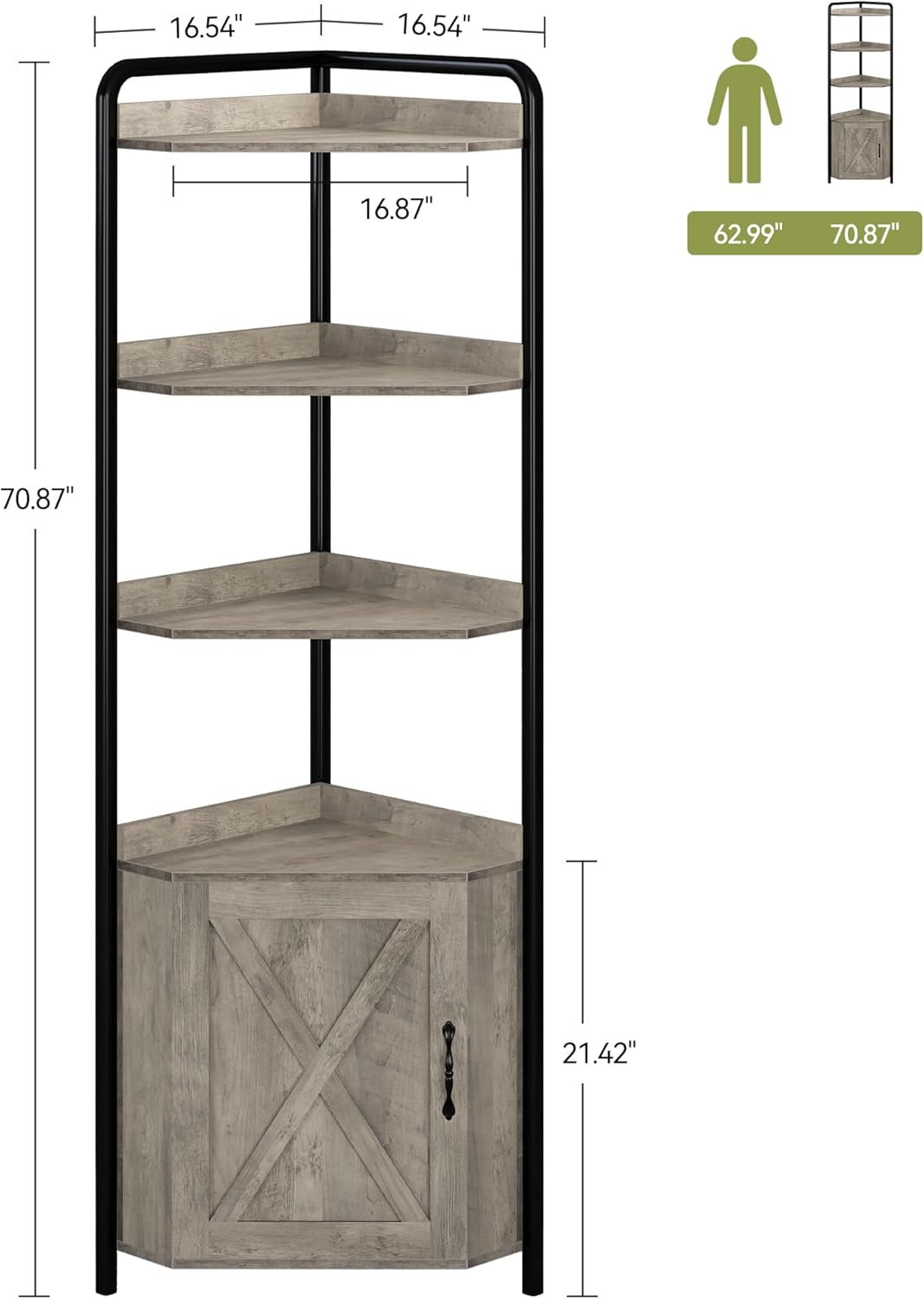 IDEALHOUSE 70.9 Inch Corner Cabinet 5-Tier Tall Corner Cabinet Farmhouse Bookshelves Rustic Storage Rack Industrial Bookcase Plant Stand for Living Room, Bedroom, Home Office, Kitchen