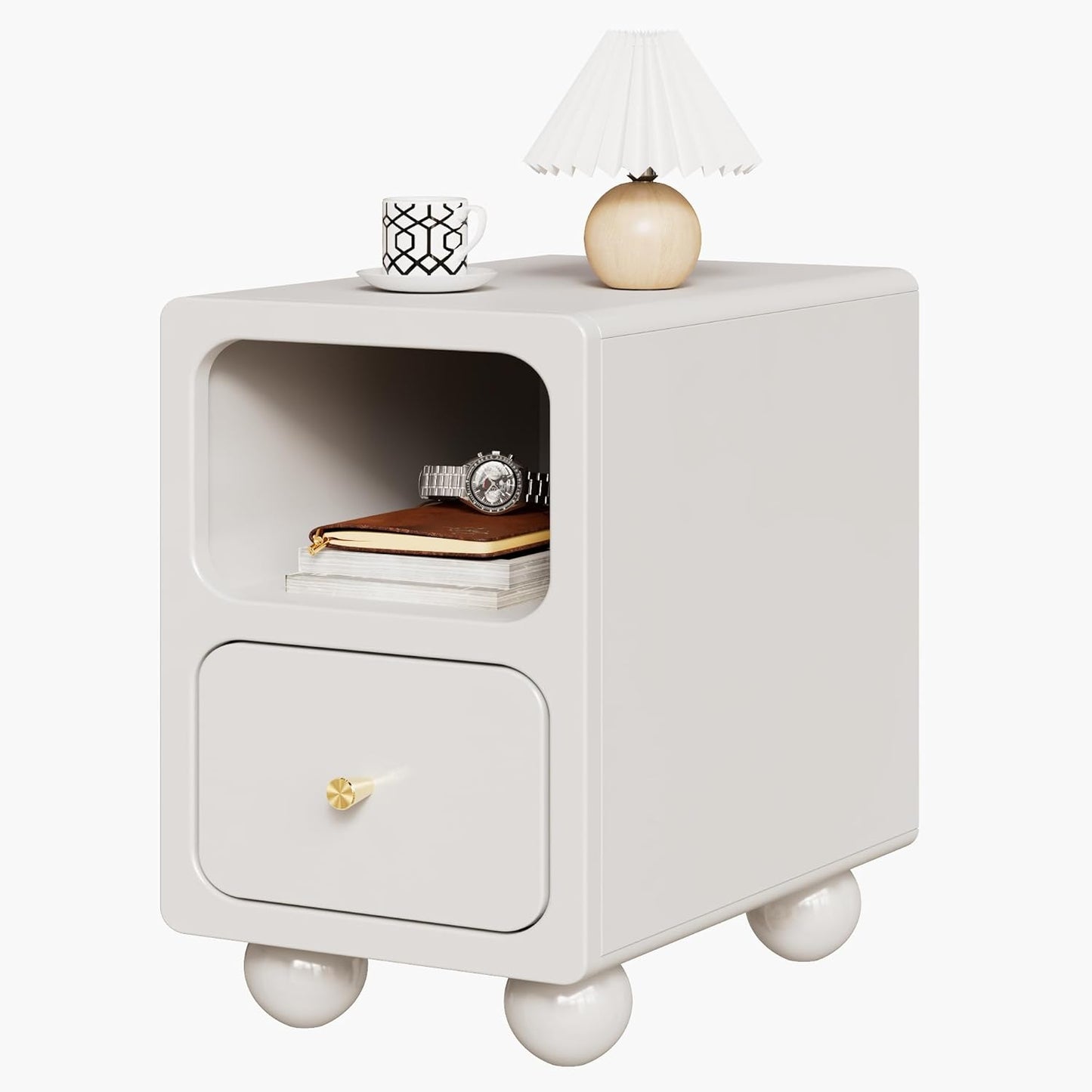 Solid Wood Nightstand, Narrow Night Stand with Drawers, White Mid Century Modern Nightstand, Small Beside Table with Open Storage Shelf for Bedroom (12 inch)