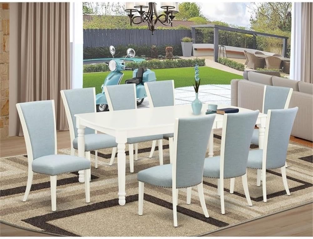 East West Furniture DOVE9-LWH-15 9 Piece Kitchen Table Set Includes a Rectangle Dining Table with Butterfly Leaf and 8 Baby Blue Linen Fabric Parson Dining Chairs, 42x78 Inch, Linen White