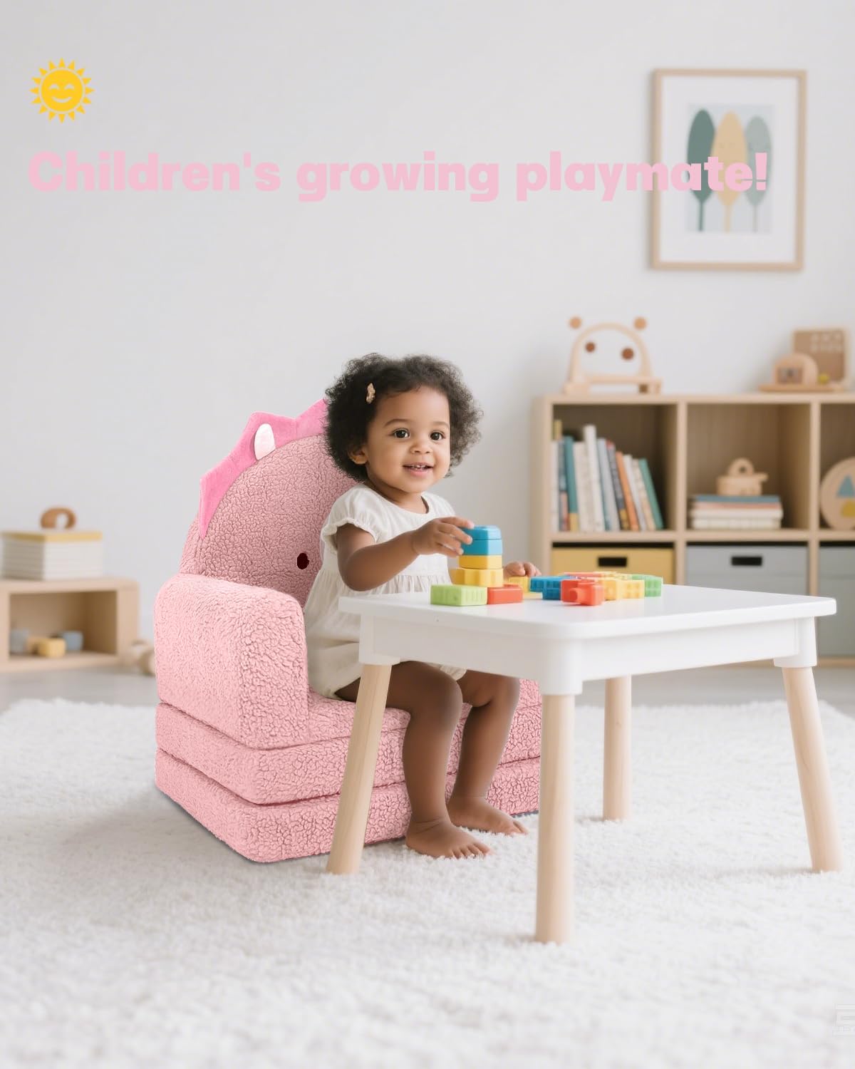 MOONBEEKI 2-in-1 Foldable Toddler Couch, Soft Sherpa Fabric with Washable Cover, Convertible Sofa to Lounger, Kids Sofa for Playroom, Bedroom, Living Room, Birthday Gift, Ages 1-3, Triceratop, Medium