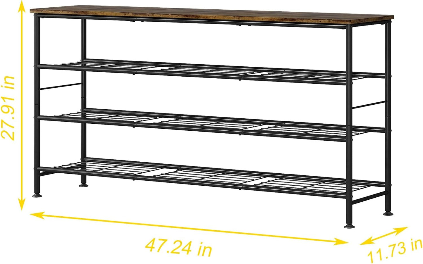 Shoe Rack Organizer 4 Tier for Closet Entryway Free Standing Metal Storage Shoe Shelf with MDF Top Board (Black+Rustic Brown, Large 4 Tier)
