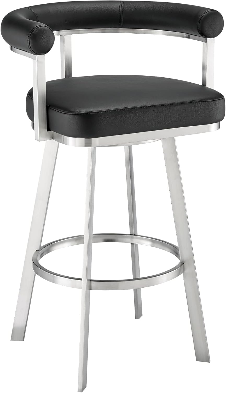 Armen Living Magnolia Swivel Bar Stool in Brushed Stainless Steel with Black Faux Leather
