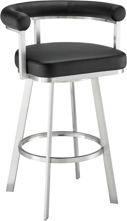 Armen Living Magnolia Swivel Bar Stool in Brushed Stainless Steel with Black Faux Leather