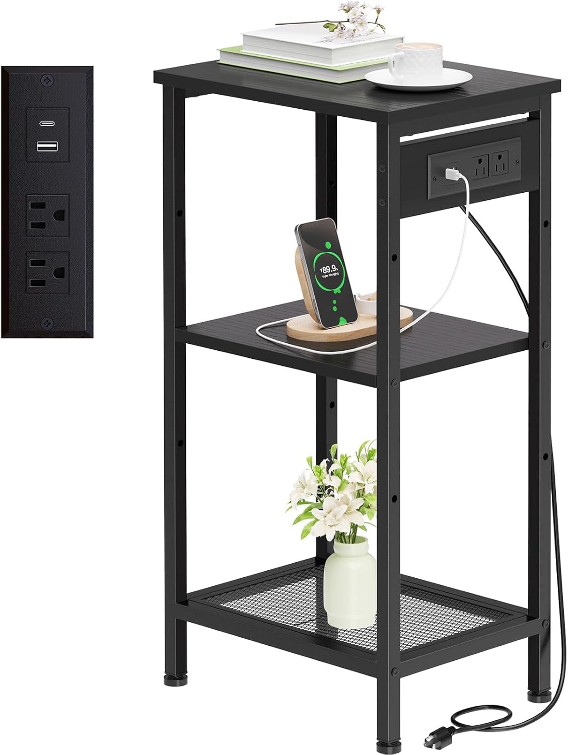 Tall End Table with Fast Charging Station, 3 Tier Narrow Side Table with Outlets and USB Ports & Type-C, Tall Nightstand with Storage, Bedside Table Stand for Living Room, Bedroom, Black