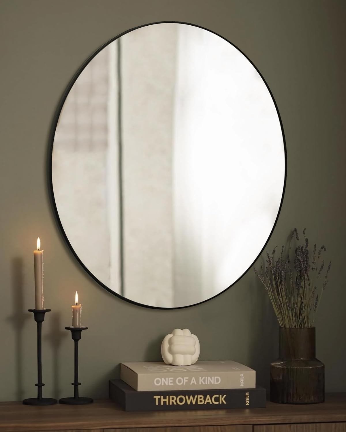 Black Round Mirror,Bathroom 24 Inch Vanity Wall Mirror,Modern Circle Mirror for Wall,Wood Mirror for Bedroom Living Room Entryway