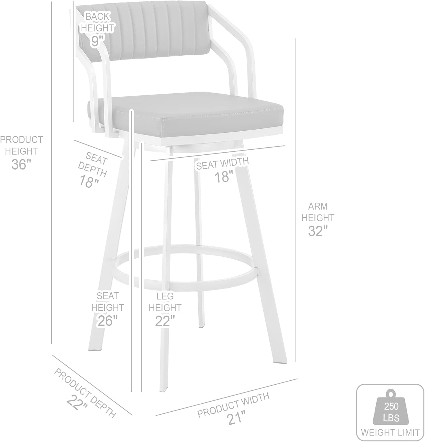 Armen Living Scranton Modern 26" Seat Height Gray Faux Leather and Black Steel Metal Swivel Bar Stool for Kitchen Island Counter