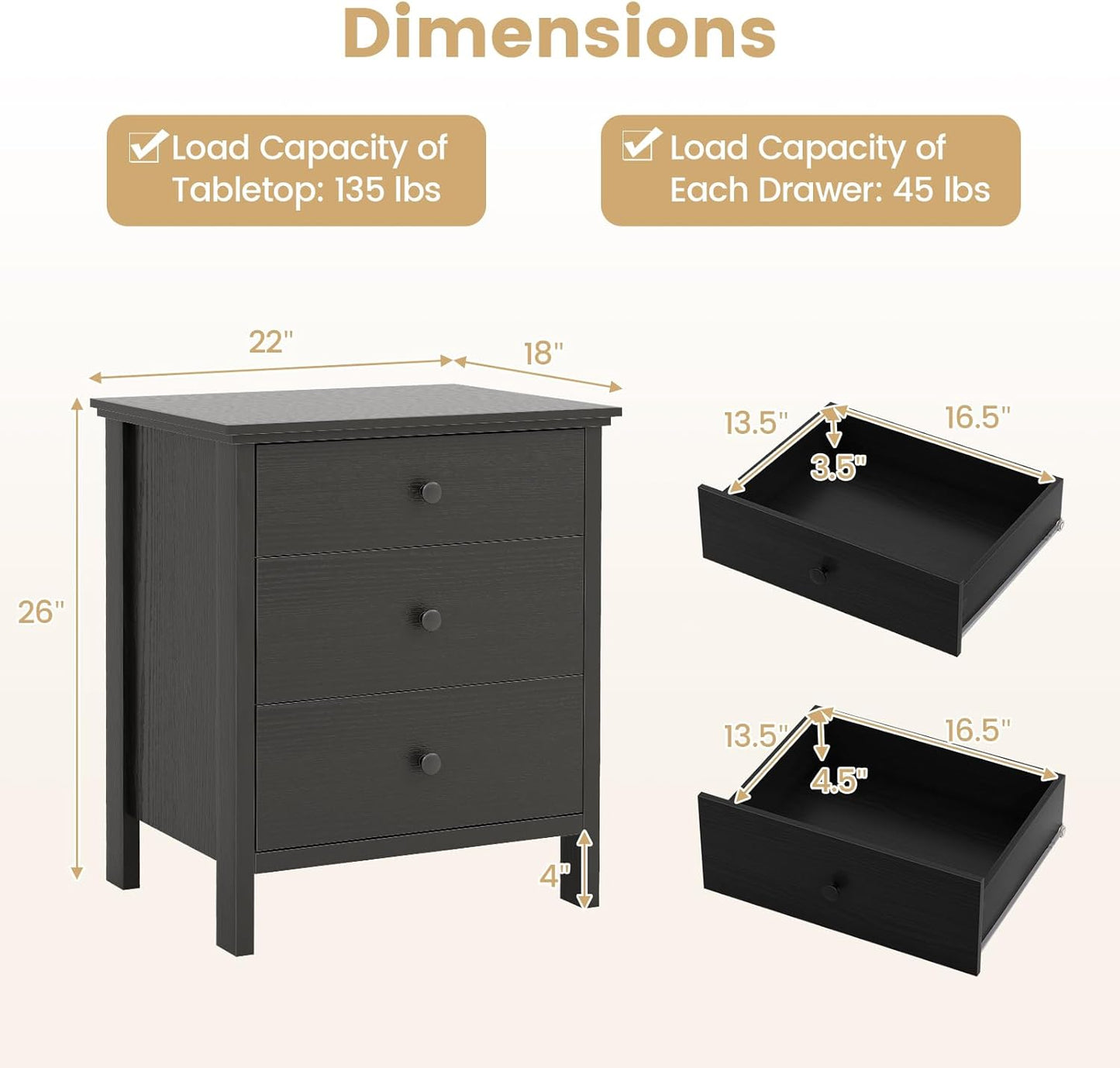 KOMFOTT 3 Drawers Nightstand, Wooden Bedside Table, Modern Sofa Side End Table, Space-Saving Telephone Table, Chest of Drawers for Living Room, Bedroom & Office (1, Black)