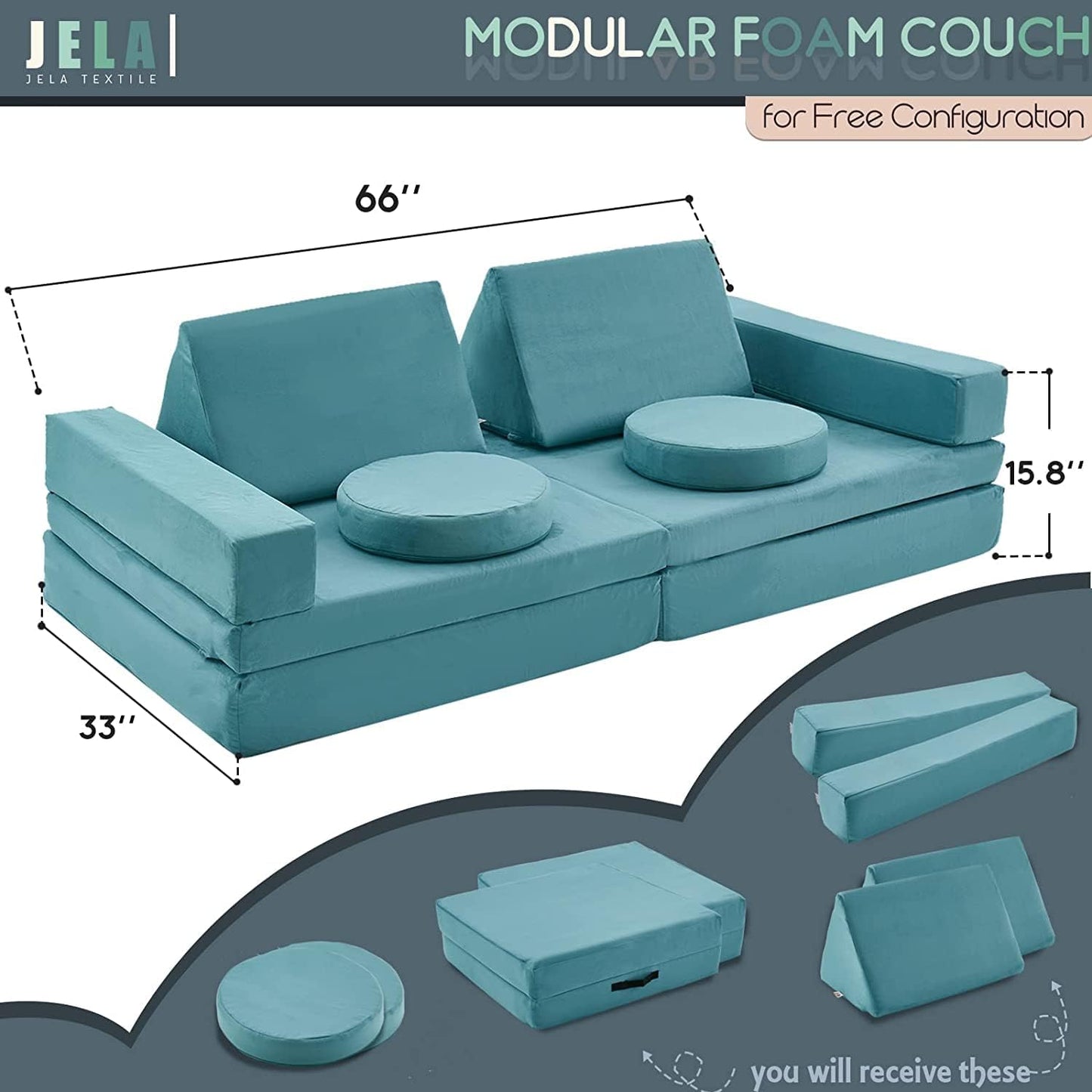jela Kids Play Couch Extended Size 10PCS with futons, Floor Sofa Modular Play Couch Furniture for Kids and Adults, Modular Play Sofa Castle (Light Blue)