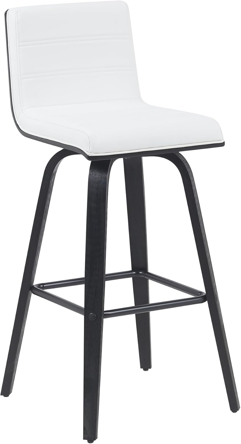 Vienna Modern Swivel Bar Height Stool with Snow White Faux Leather Seat and Black Brushed Wood Frame Set of 2