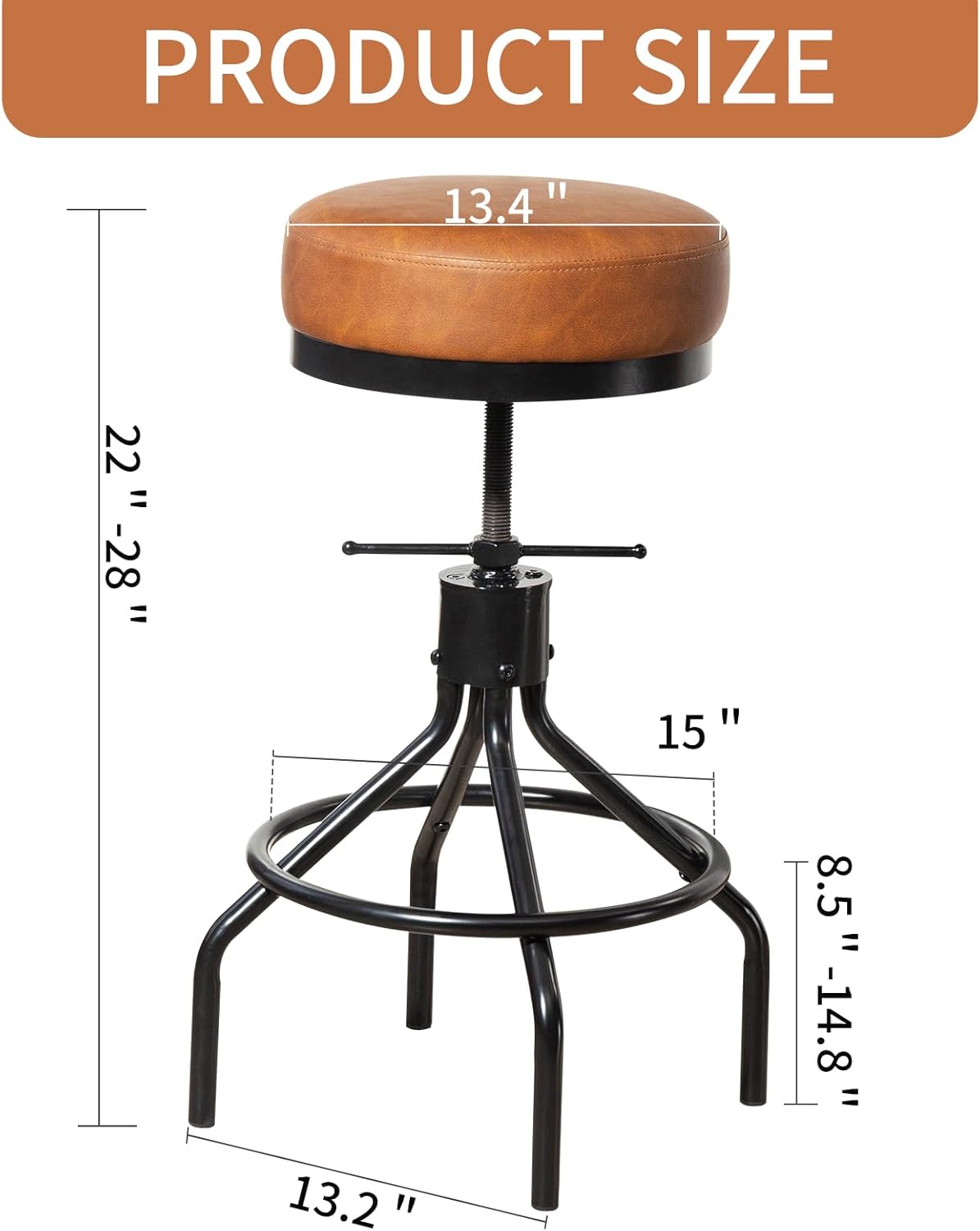 Industrial Bar Stools Adjustable Swivel Round Barstools Modern PU Leather 28inch Backless Counter Height Stool Metal Bar Chair for Kitchen Island (1, Brown)
