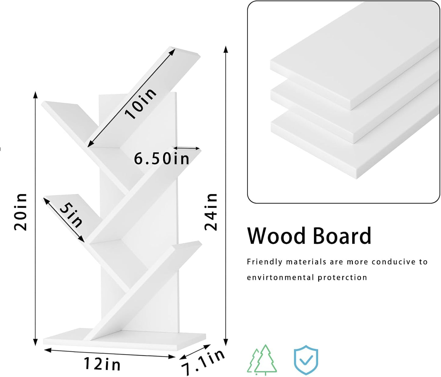 5 Tier Tree Book Shelf, Small Desktop Bookshelf with Storage Organizer, Wood Bookcase, Desk Display Bookshelves, Floor Standing Organizer Bookcases for Living Room,Bedroom,Office-White