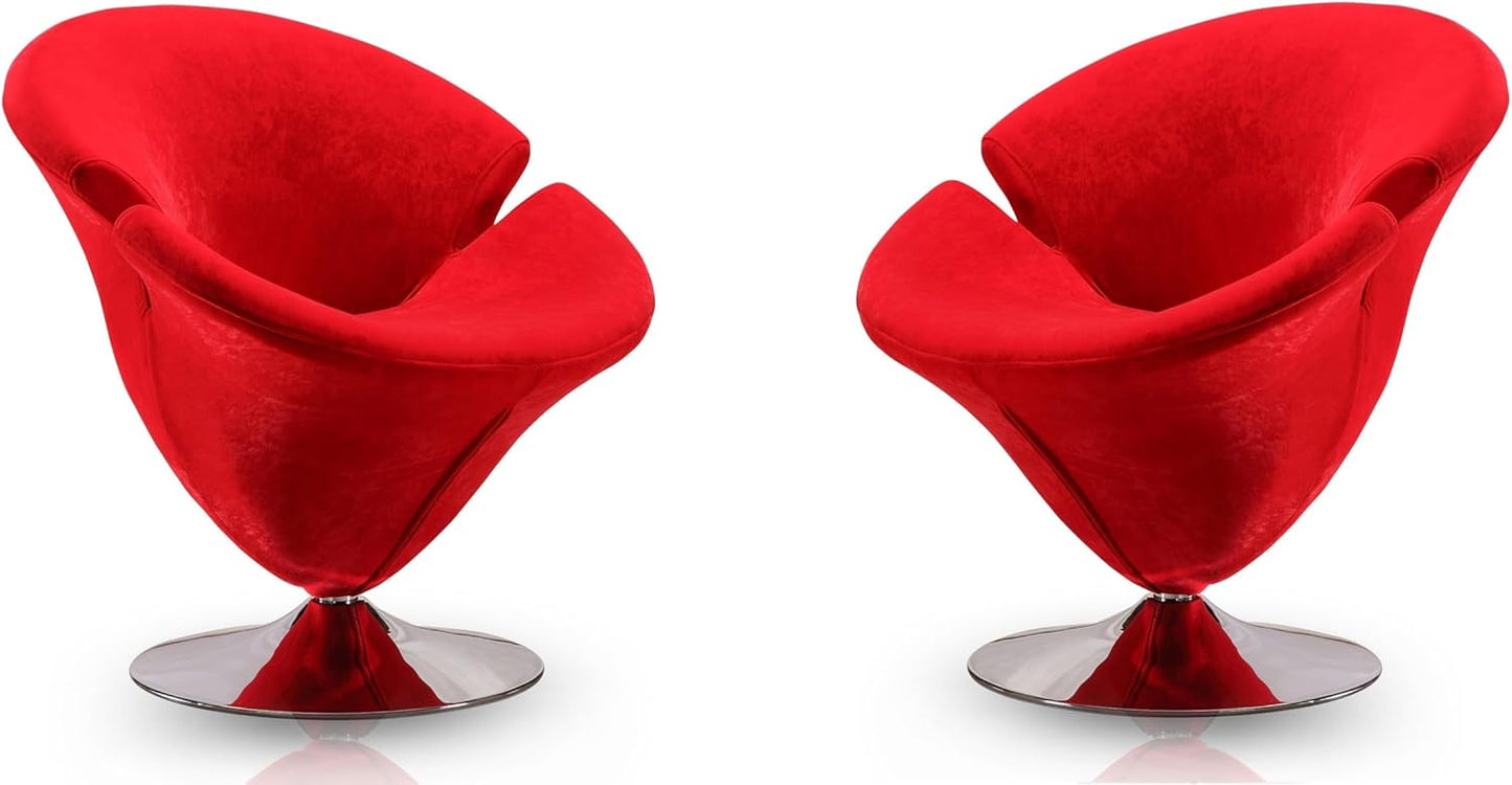 Manhattan Comfort Tulip Swivel Accent Chair Set of 2 with 360° Turn, Modern Flower Inspired Design, Soft Velvet Upholstery, Polished Chrome Base, No Assembly Required, 300 Lbs Capacity, Red