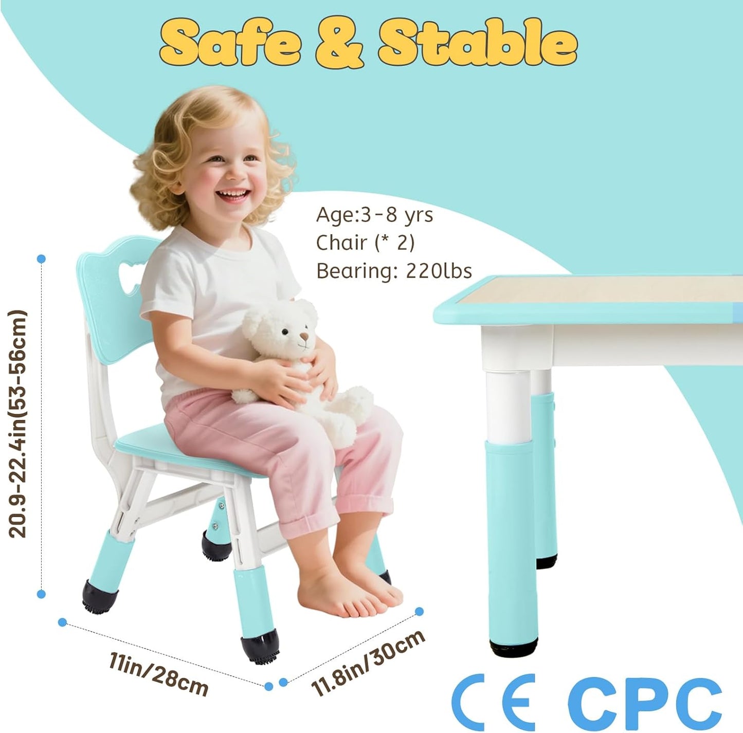 FUNLIO Adjustable Kids Chair (2pcs), 3 Level Height Adjustable Toddler Chair for Ages 3-8, Sturdy Child Chair with Maximum Bearing 220lbs, for Classrooms/Daycares/Homes, CPC & CE Approved - Green