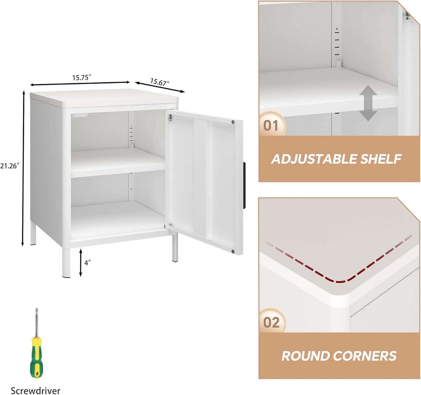 Nightstand with 1 Door, Metal Side Table with Wooden top for Bedroom, Living Room and Dorm 15.75 x 15.67 x 21.26 Inches (1 Door, Cream)