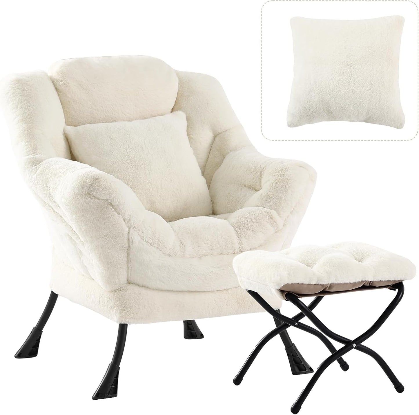Large Lazy Chair with Ottoman, Accent Reading Chair with a Throw Pillow, Cozy Lounge Chair with Armrest, Leisure Sofa Chair for Living Room, Bedroom, Dorm, Plush Ivory