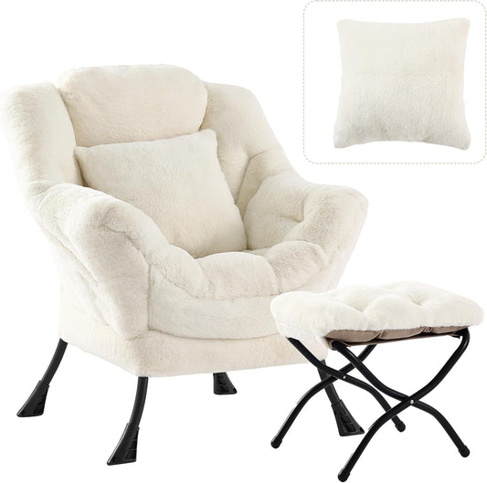 Large Lazy Chair with Ottoman, Accent Reading Chair with a Throw Pillow, Cozy Lounge Chair with Armrest, Leisure Sofa Chair for Living Room, Bedroom, Dorm, Plush Ivory